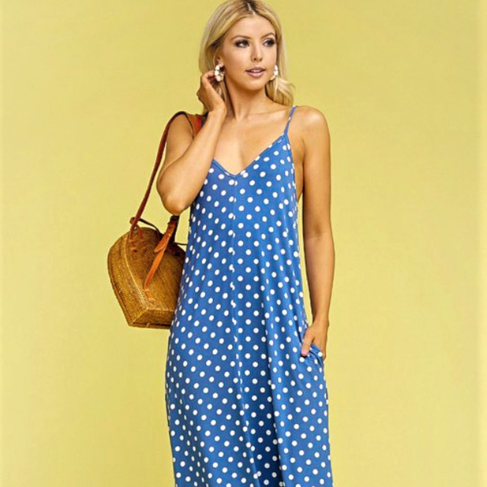 Denim Blue Polka Dots Maxi Dress w/Pockets.